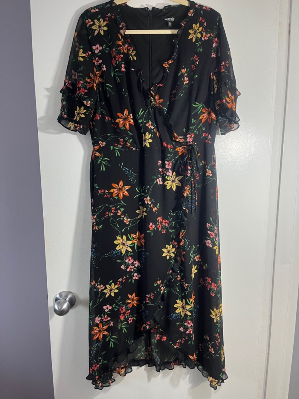 Kensie Black Floral Wrap Midi Dress with Yellow & Orange Blooms